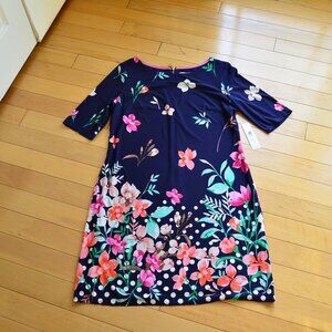 Eliza J Navy Floral Sheath Midi Dress Elbow Sleeve Crew Neck Size 14 NWT
